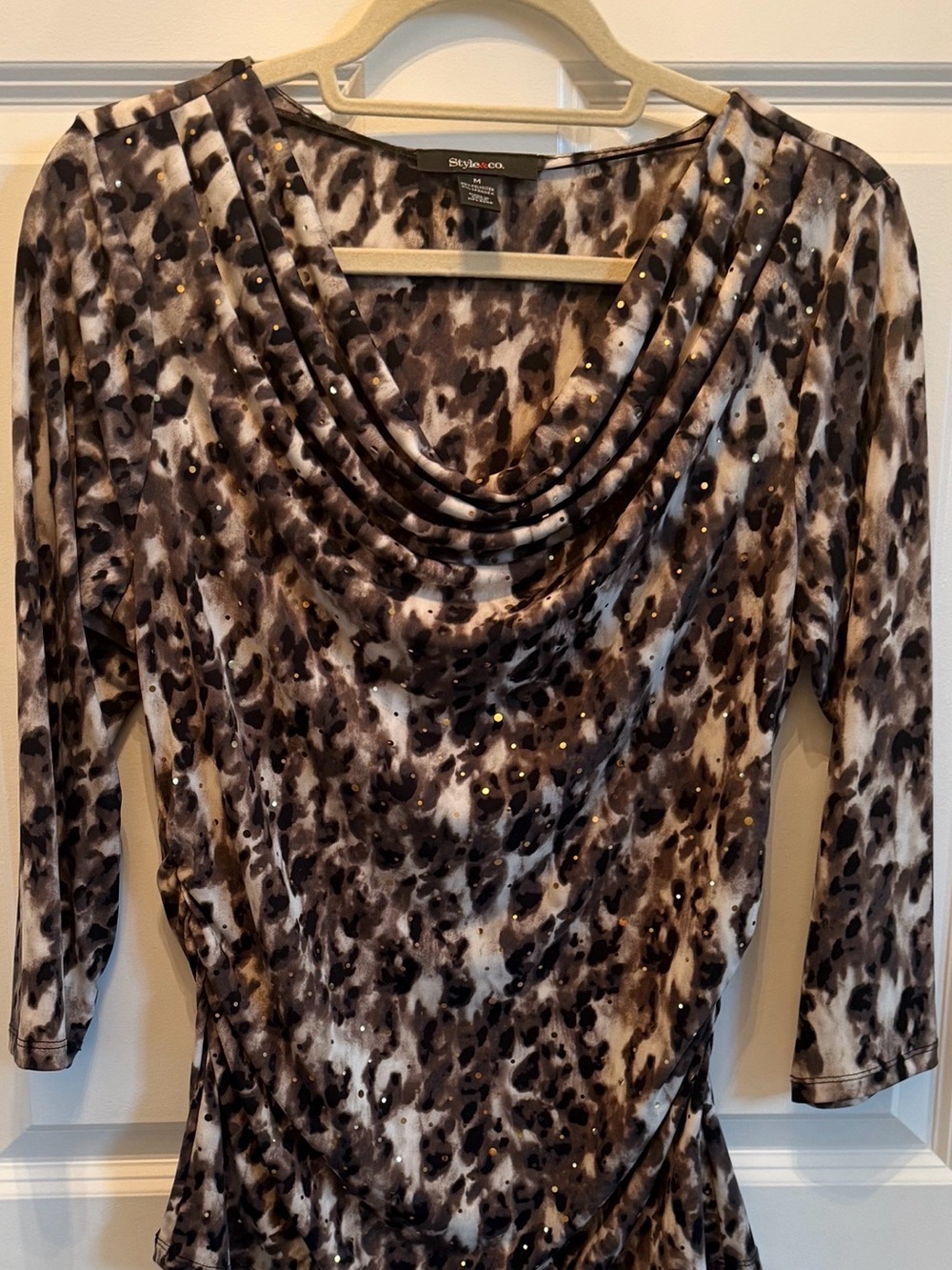 Style & Co. Brown & Cream Animal Print Cowl Neck Long-Sleeve Top